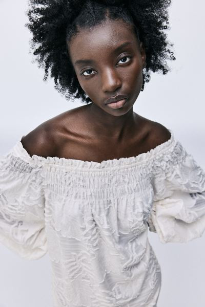 Jacquard-weave Off-the-shoulder Dress - Cream - Ladies | H&M US | H&M (US + CA)