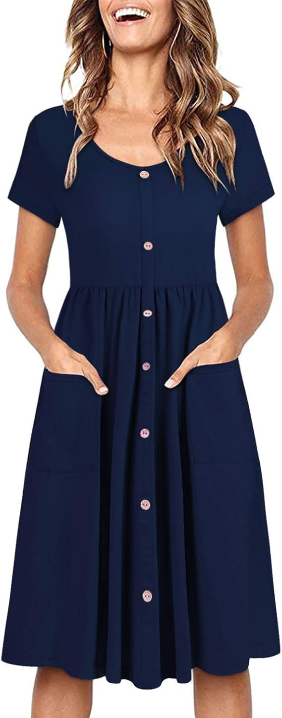 OUGES Women's V Neck Button Down Skater Dress with Pockets | Amazon (US)