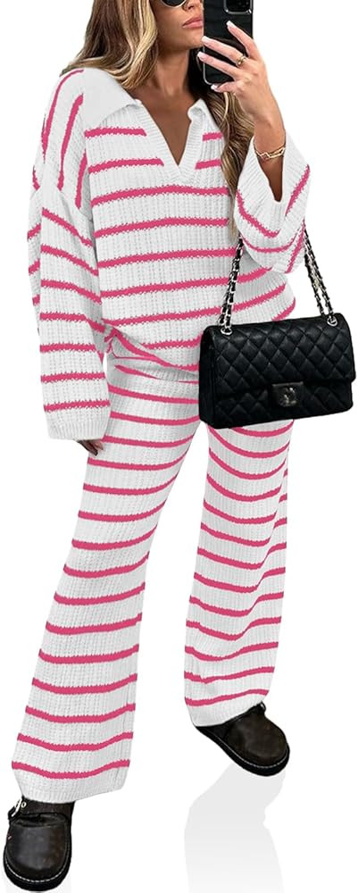 Yousify 2 Piece Sets for Women Long Sleeve V Neck Sweater Lounge Set Striped Fall Outfits 2024 S-... | Amazon (US)