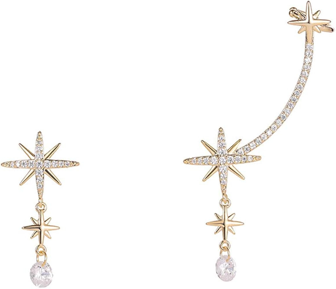 Asymmetrical CZ Star Ear Cuff Climber Crawler Dangle Earrings for Women Girls Sterling Silver Post S | Amazon (US)