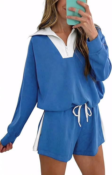 Fisoew Womens 2 Piece Outfits Quarter Zip Sweatshirt Shorts Sets Sweatsuits | Amazon (US)