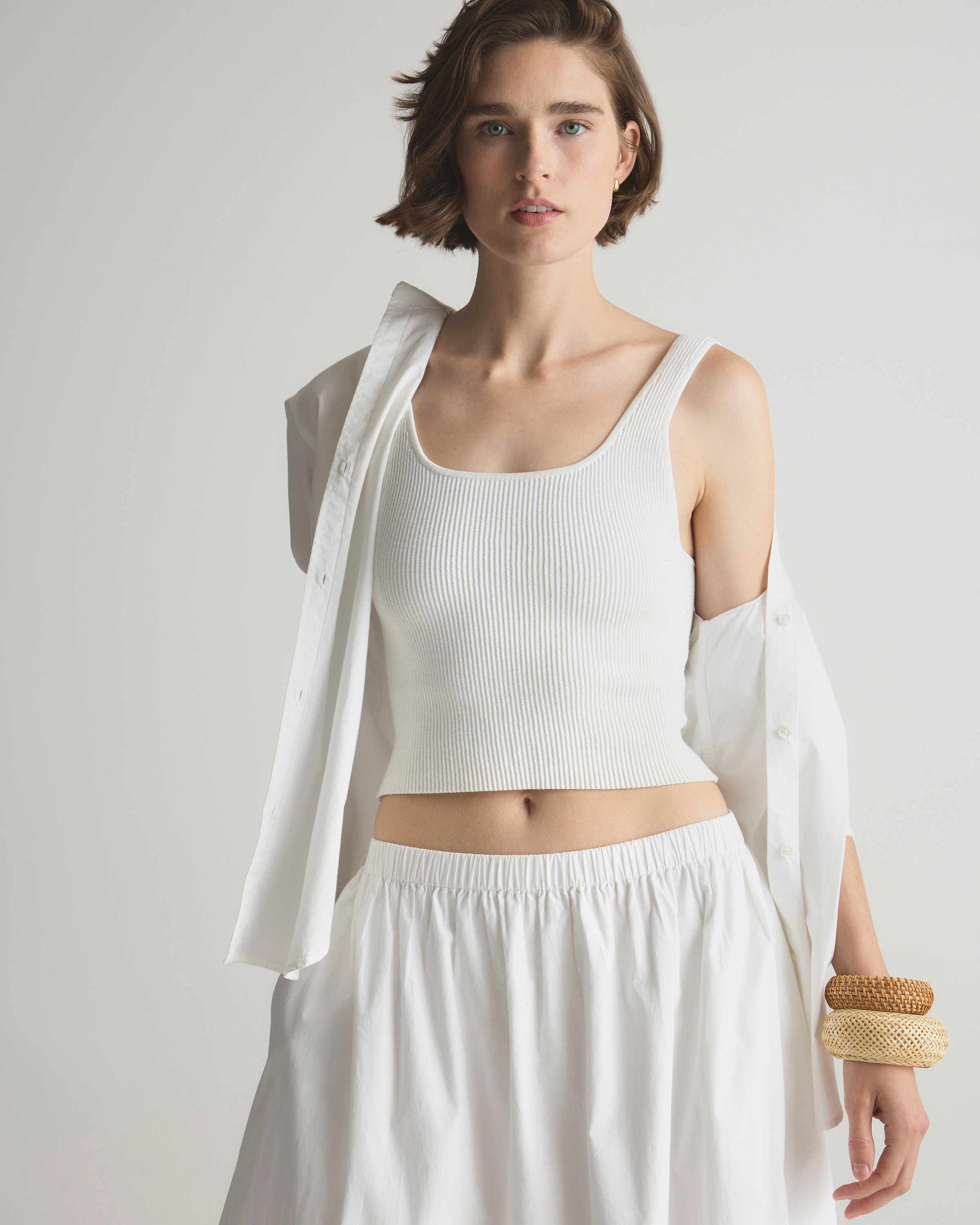 Quince | Women's Cropped Square Neck Ribbed Knit Tank Top in White, Size Large, Recycled nylon/polyester/spandex | Quince