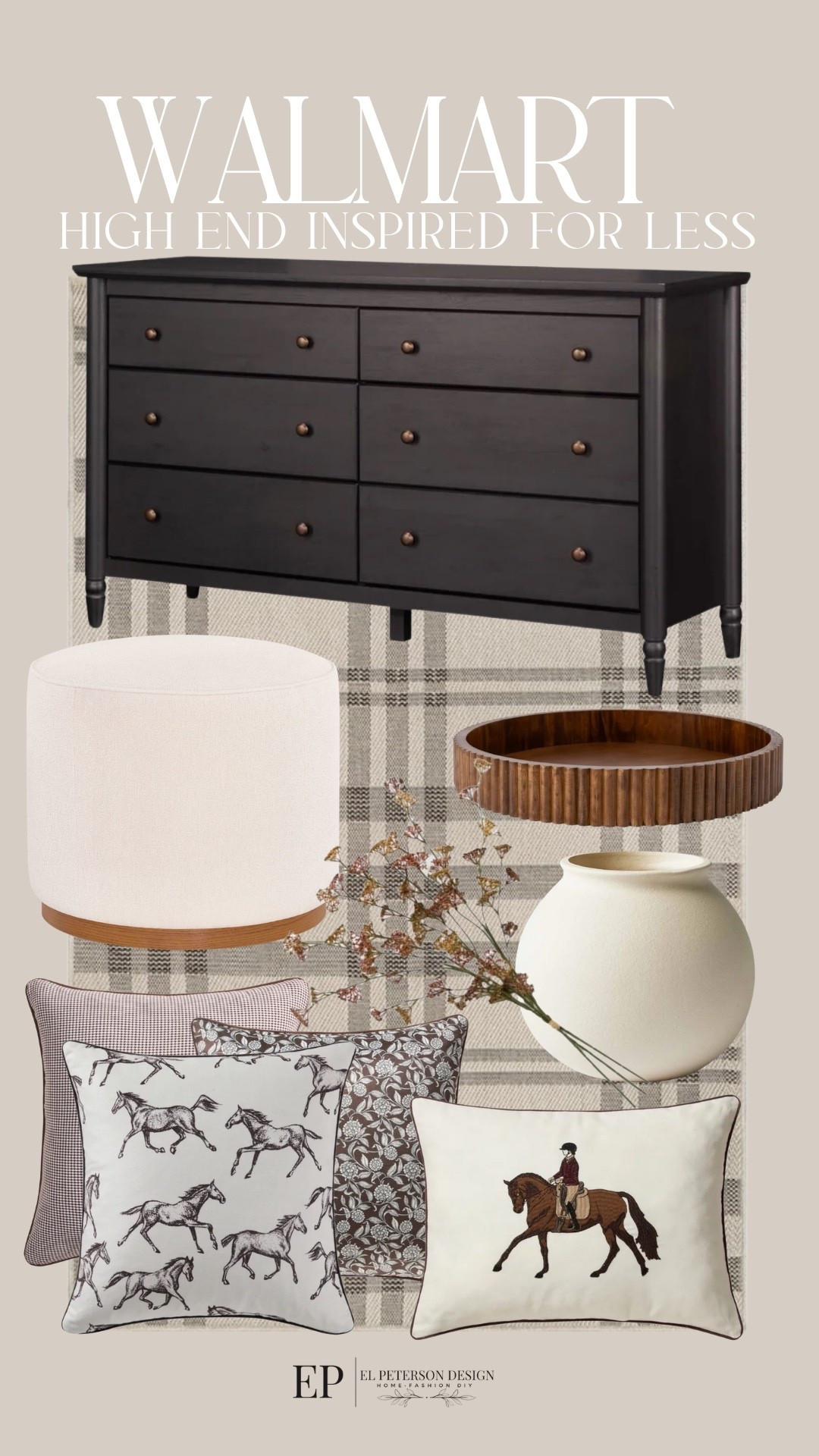 Walmart
High end inspired 
Dresser drawer
Tray 
Ottoman
Vase
Stems
Rug
Pillows