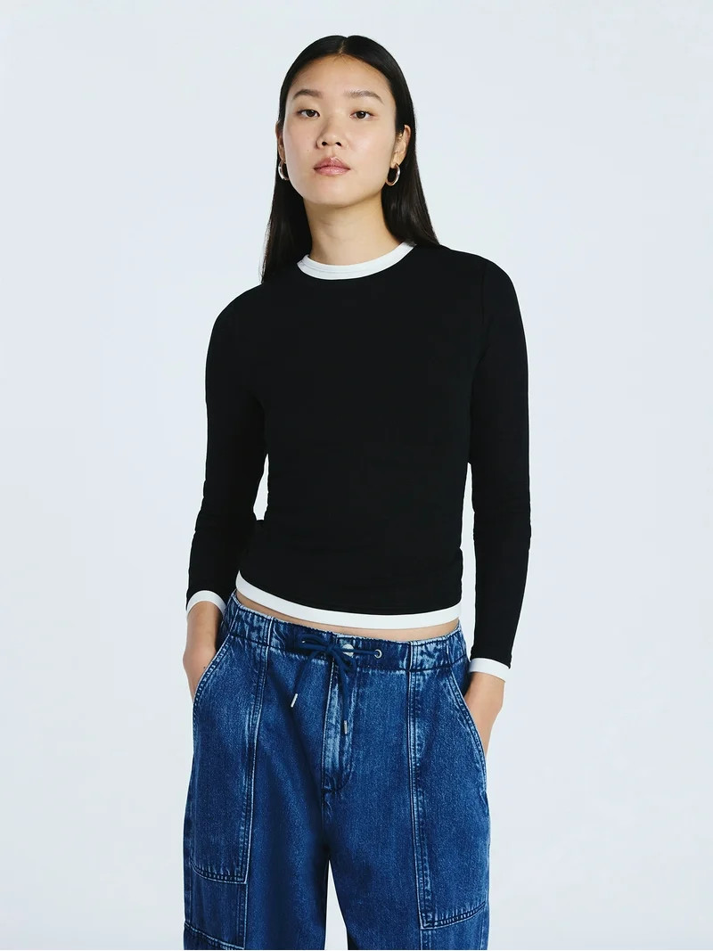 Scoop Women’s Double Layer Rib Tee with Long Sleeves, Sizes XS-XXL | Walmart (US)