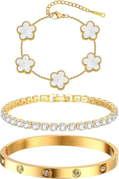 Womens Stackable Floral Gold Bracelets - 3Pcs 18K Gold Plated Bracelet,Stainless Steel Bangle Bra... | Amazon (US)