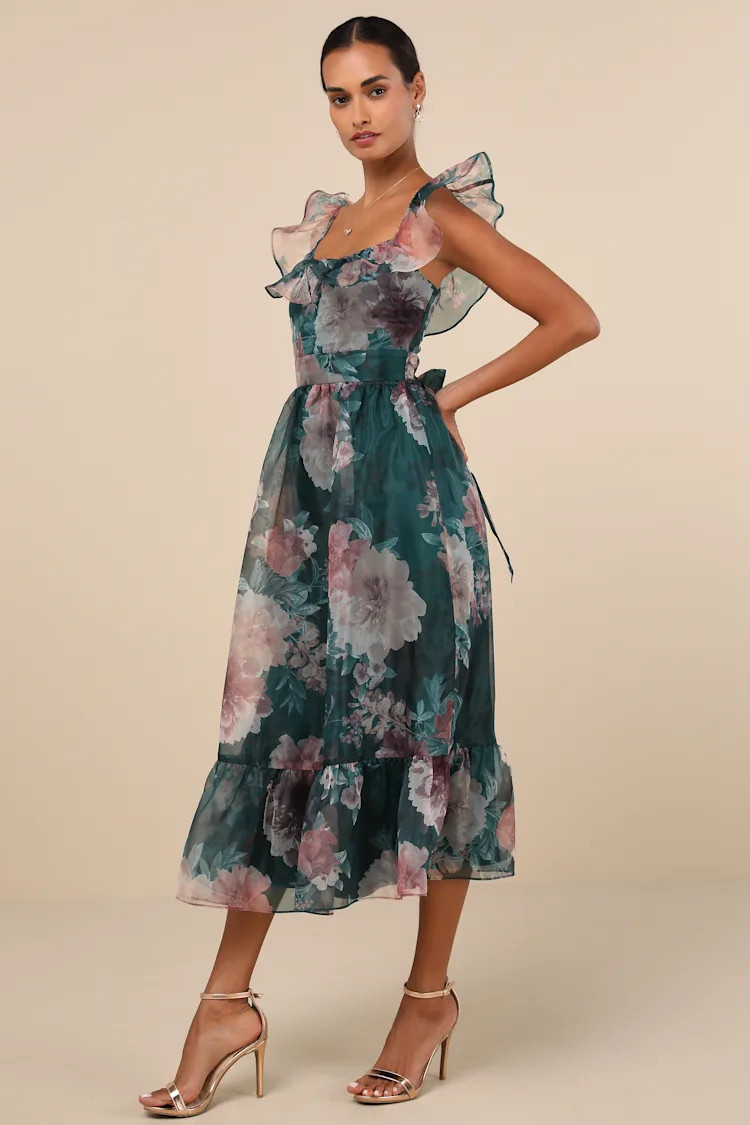 Sweet Composure Green Floral Organza Off-the-Shoulder Midi Dress | Lulus