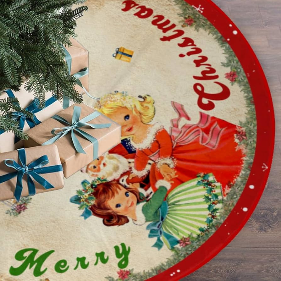 Vintage Christmas Tree Skirt Christmas Decorations - Red Vintage Style Xmas Tree Skirt Mat with S... | Amazon (US)