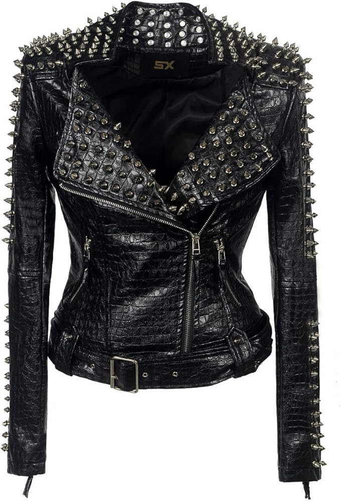 SX Women Punk Faux Leather PU Black Jacket Studded Rivet Fashion Streetwear Motorcycle Coat | Amazon (US)