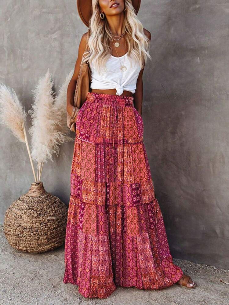 Women's Loose Casual High Waist Skirt, Elegant Bohemian Style Color Block & Floral Print Patchwor... | SHEIN