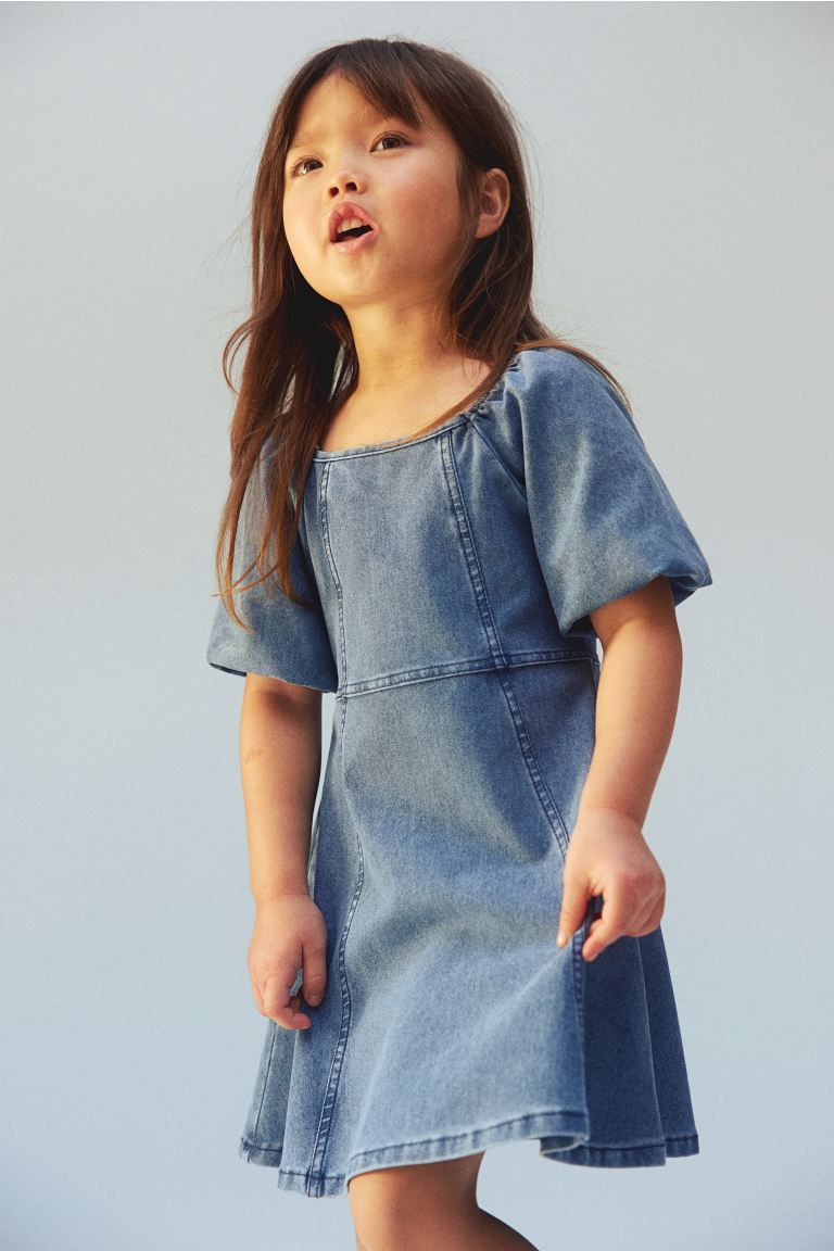 Puff-sleeved Dress - Denim blue - Kids | H&M US | H&M (US + CA)