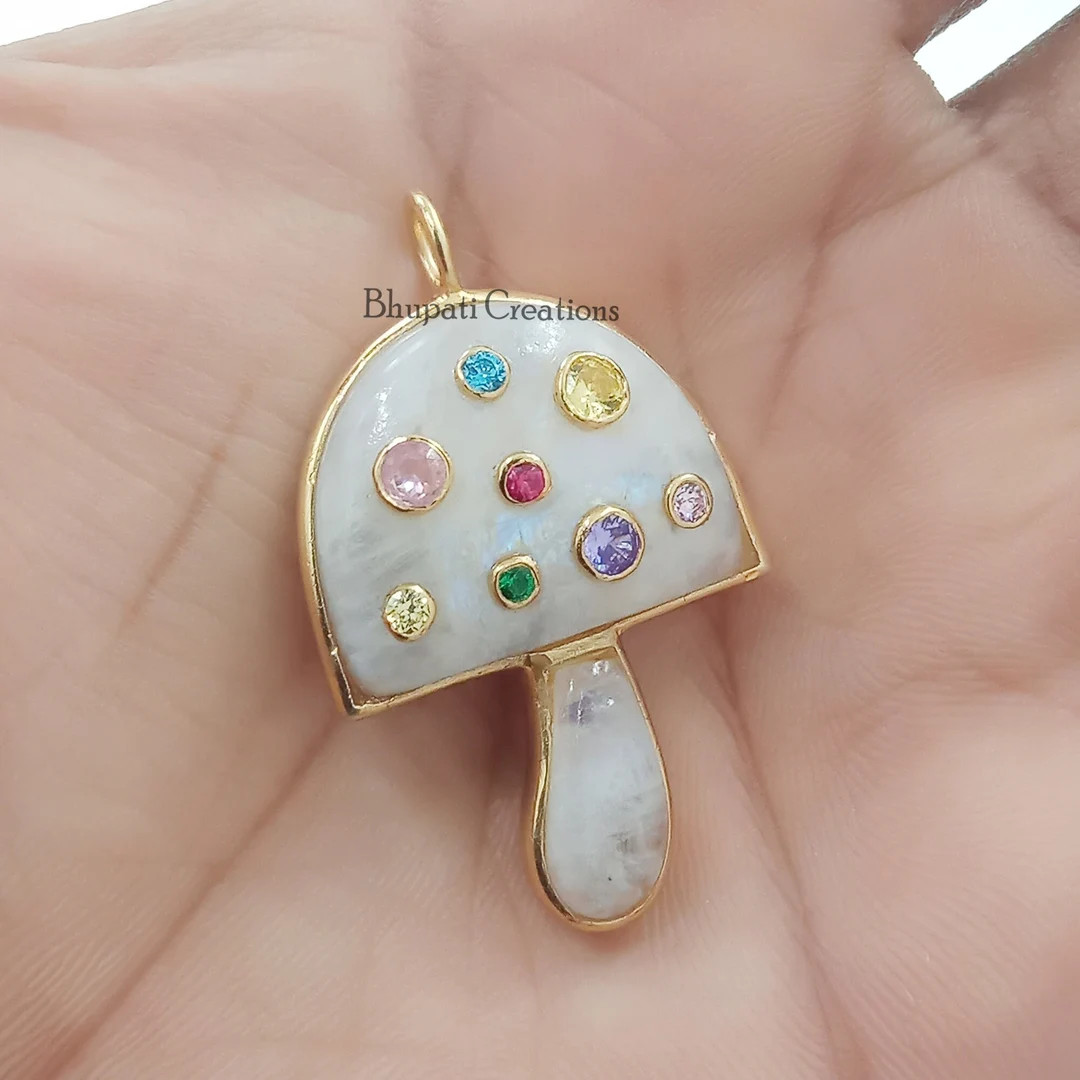14K Yellow Gold Plated Mushroom Pendant, Multi Stone Mushroom Pendant, Moonstone Mushroom Pendant... | Etsy (US)