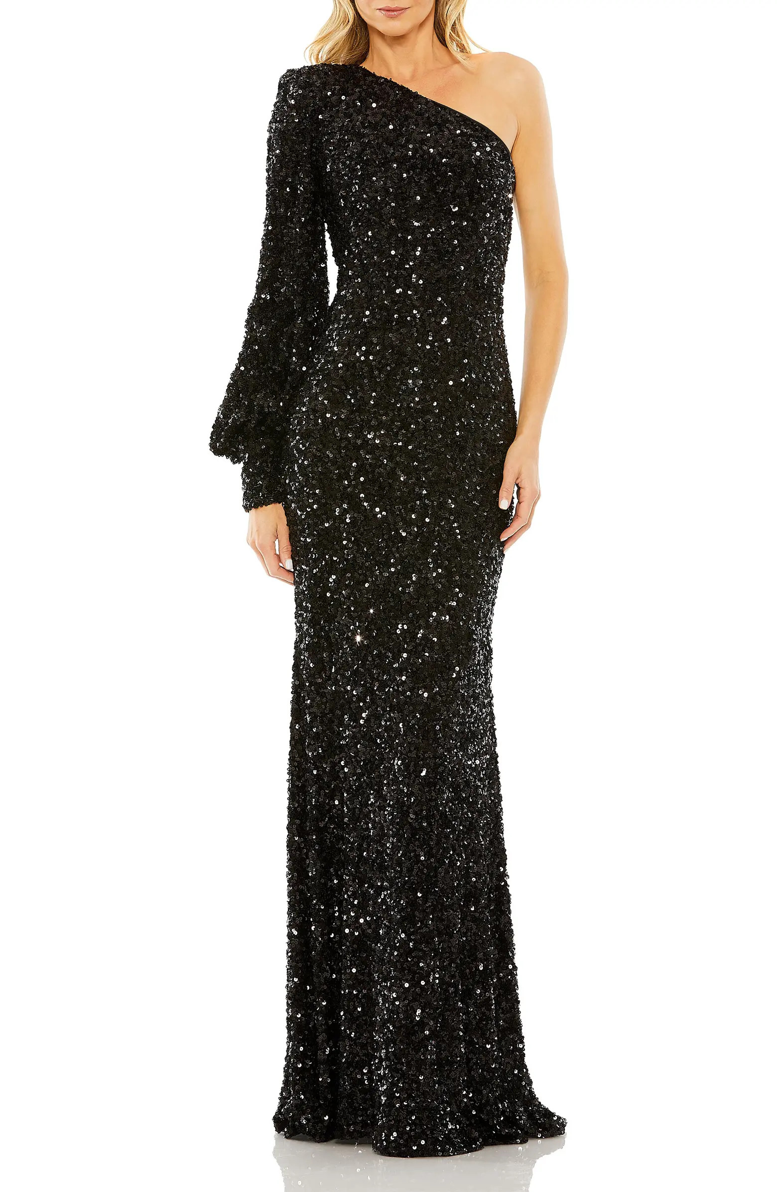 Sequined One Shoulder Bishop Sleeve Trumpet Gown | Nordstrom