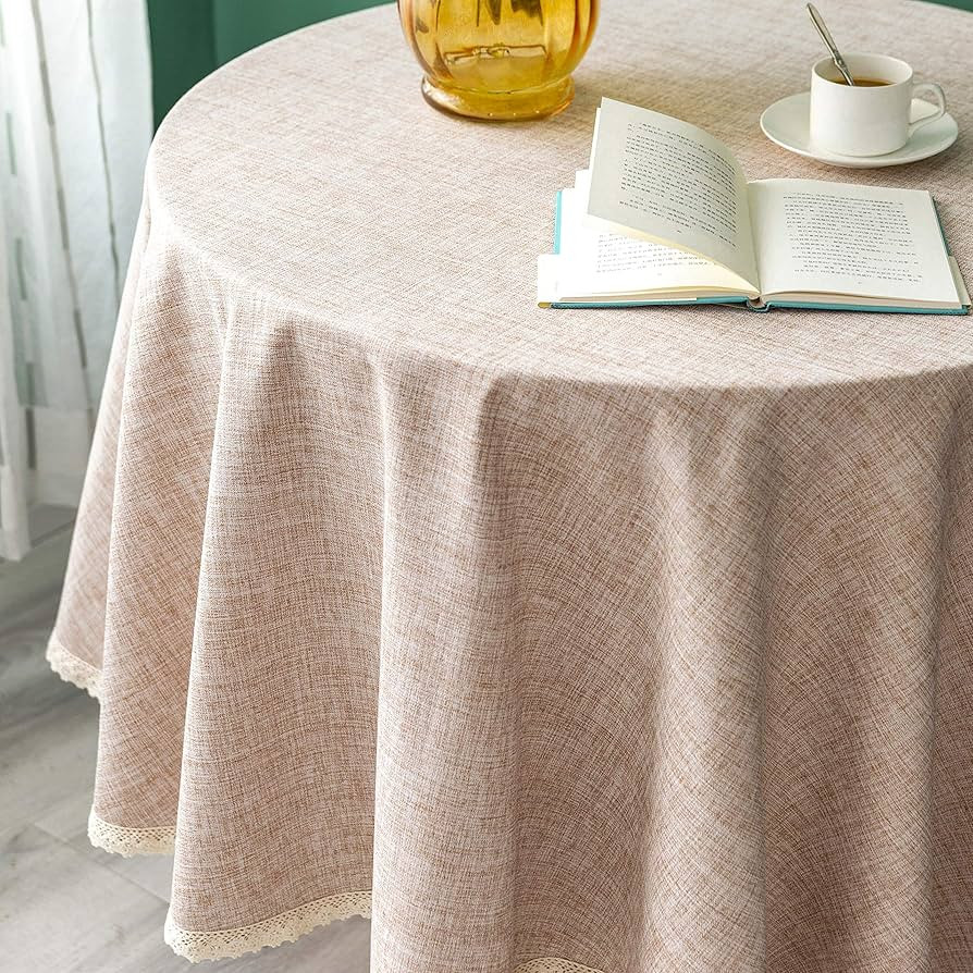 Linen Rustic Burlap Washable Tablecloth,Solid Heavy Weight 90 Inch Round Overlay Lace Edge Table ... | Amazon (US)