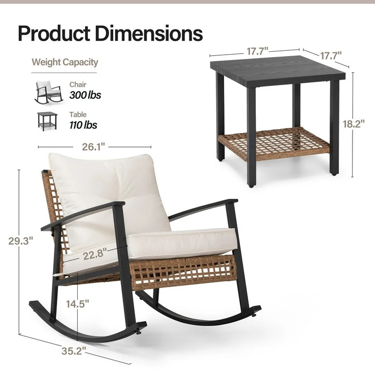 LAUSAINT HOME 3 Pieces Patio Outdoor Conversation Set with 2-Tier Coffee Table, PE Wicker Rocking... | Walmart (US)