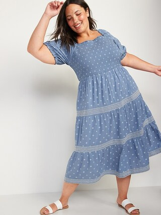 Puff-Sleeved Smocked Fit & Flare Chambray Plus-Size Midi Sundress | Old Navy (CA)