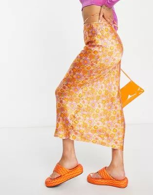 Topshop satin tie waist 70s floral midi skirt in orange - part of a set | ASOS (Global)