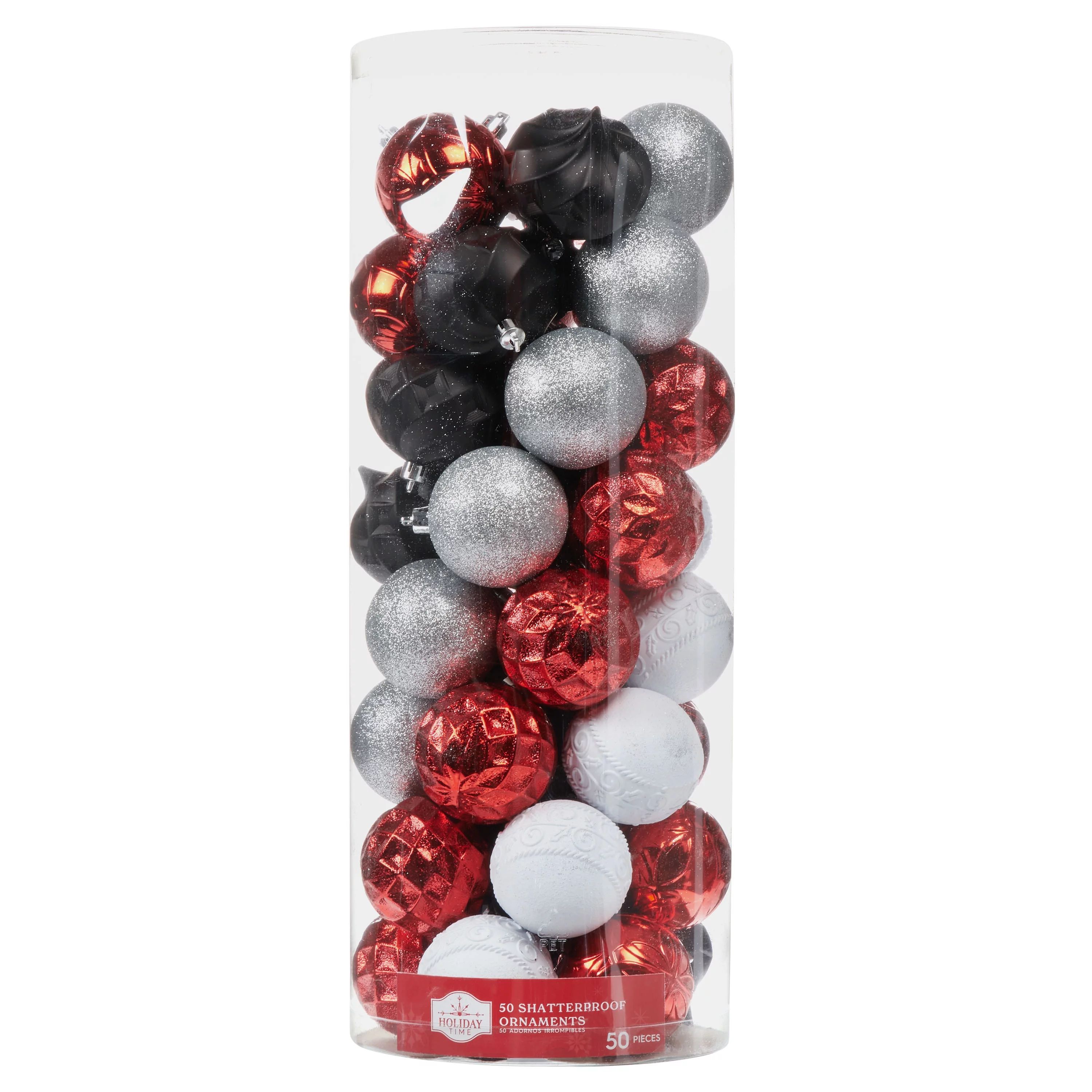 Holiday Time Red, Black and White Shatterproof Christmas Ball Ornaments, 50 Counts - Walmart.com | Walmart (US)