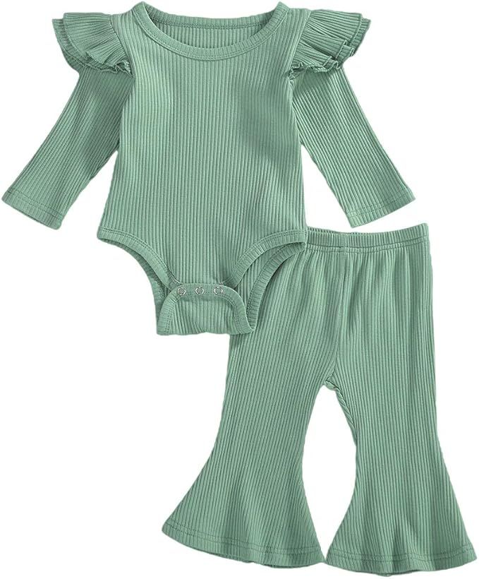 Newborn Baby Girls Clothes Ruffle Ribbed Solid Romper Bodysuit and Flare Pants Bell Bottom Set Ou... | Amazon (US)