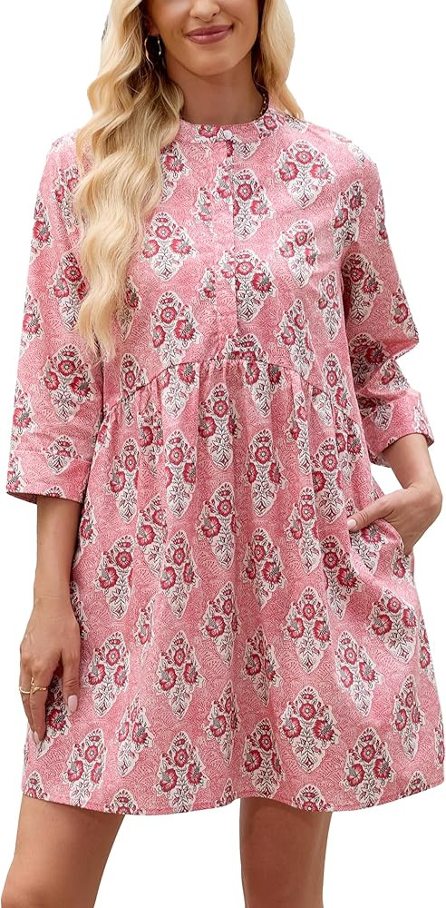 Floral Dress for Women 3/4 Sleeve Button Up Shift Boho Mini Tunic Cotton Shirt Dresses with Pocke... | Amazon (US)