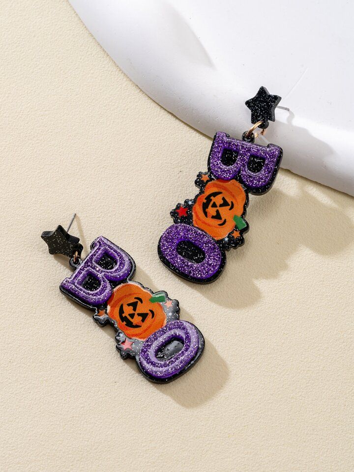 1pair Halloween Pumpkin & Boo Design Patchwork Fashionable Earrings | SHEIN