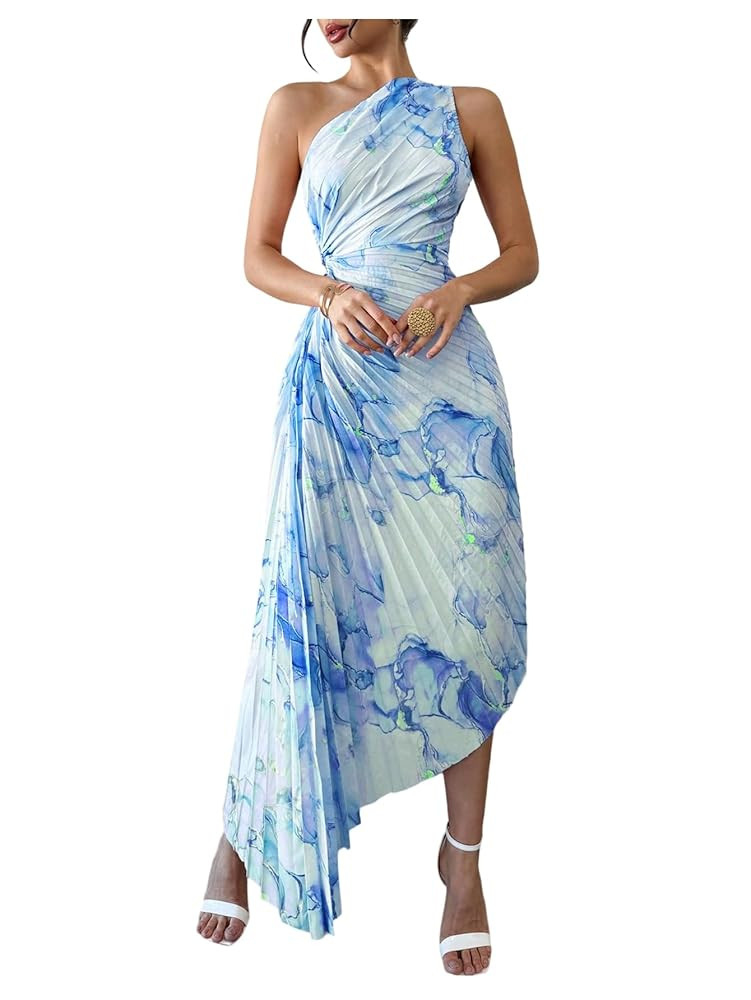 MakeMeChic Women's Tie Dye One Shoulder Dress Floral Asymmetrical Cut Out Drawstring Pleated Maxi... | Amazon (US)