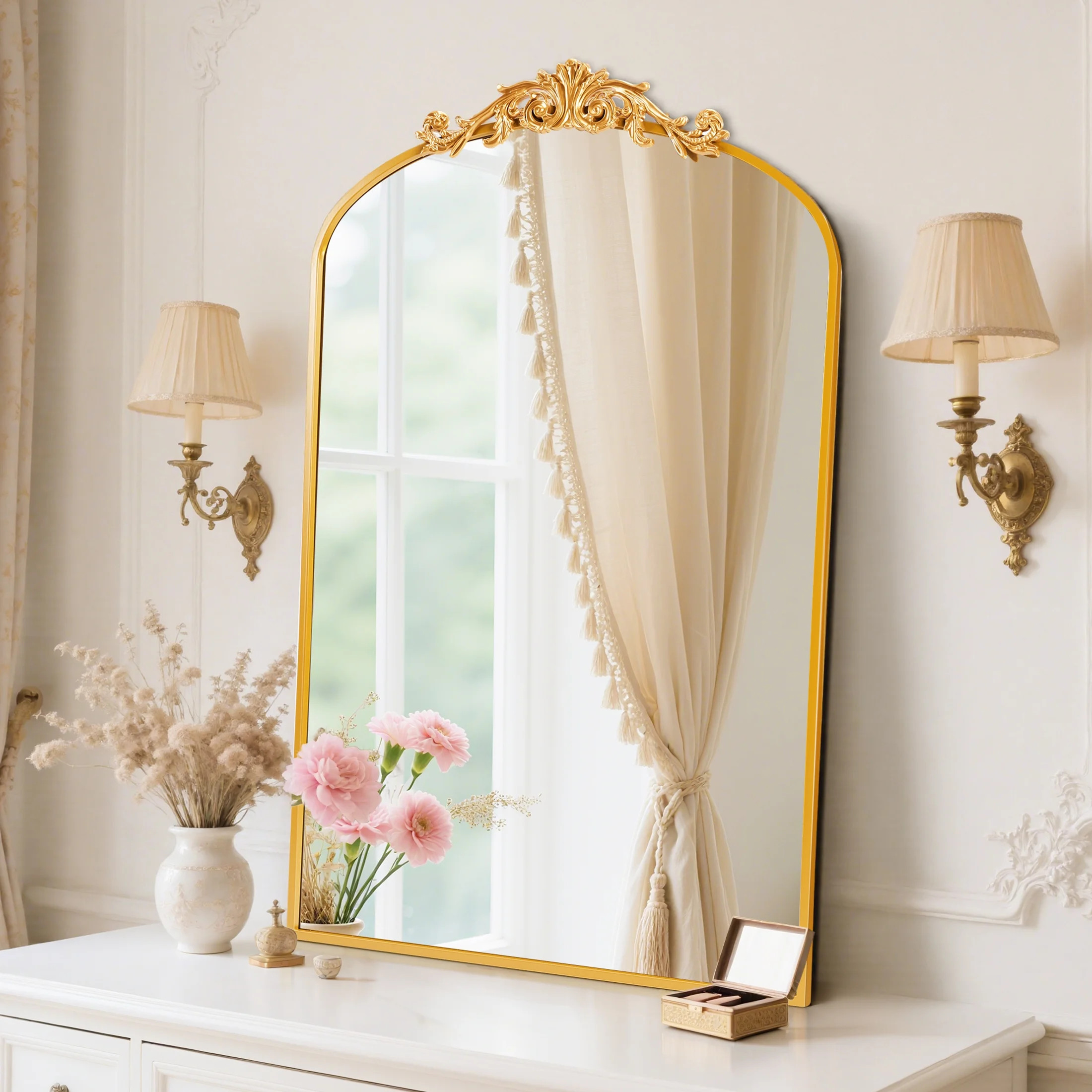EDX 26" x 38" Antique Arched Mirror, Vintage Aluminium Thin Frame, Wall Decor for Bathroom, Gold ... | Walmart (US)
