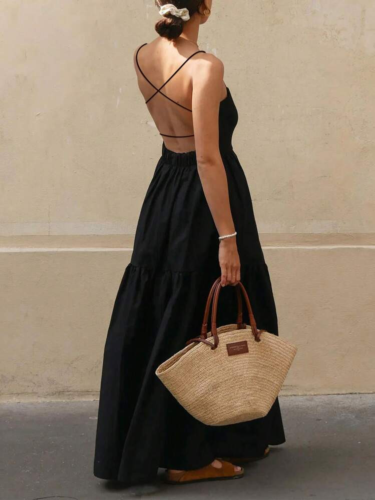 INAWLY Women's Solid Color Simple Casual Backless Spaghetti Strap Black Dress | SHEIN