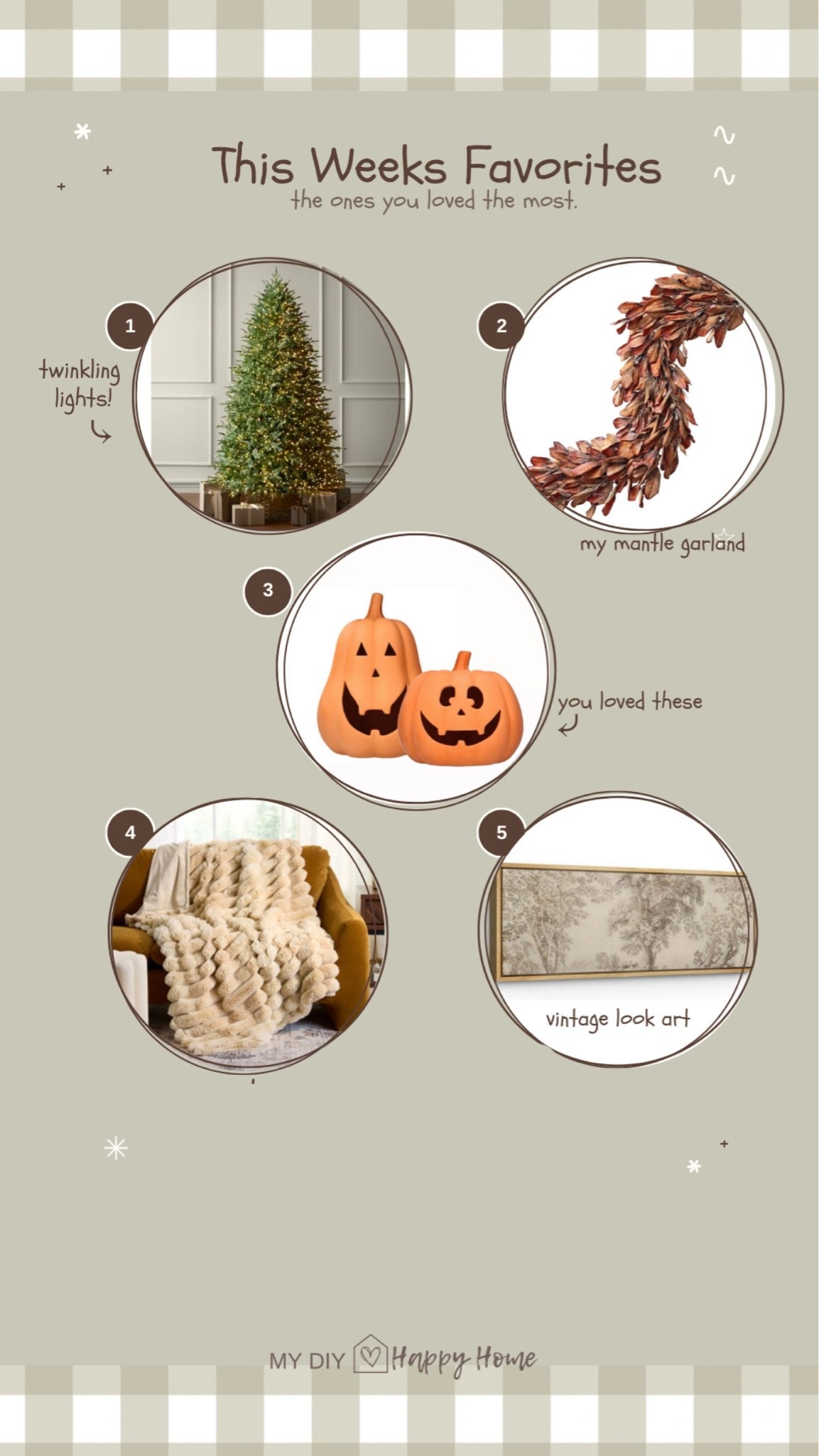 The top 5 favorites from this past week

•viral twinkling light Christmas tree
•fall magnolia garland 
•Clay Jack o lanterns 
•faux fur throw 
•vintage look artwork

#LTKSeasonal #LTKHome