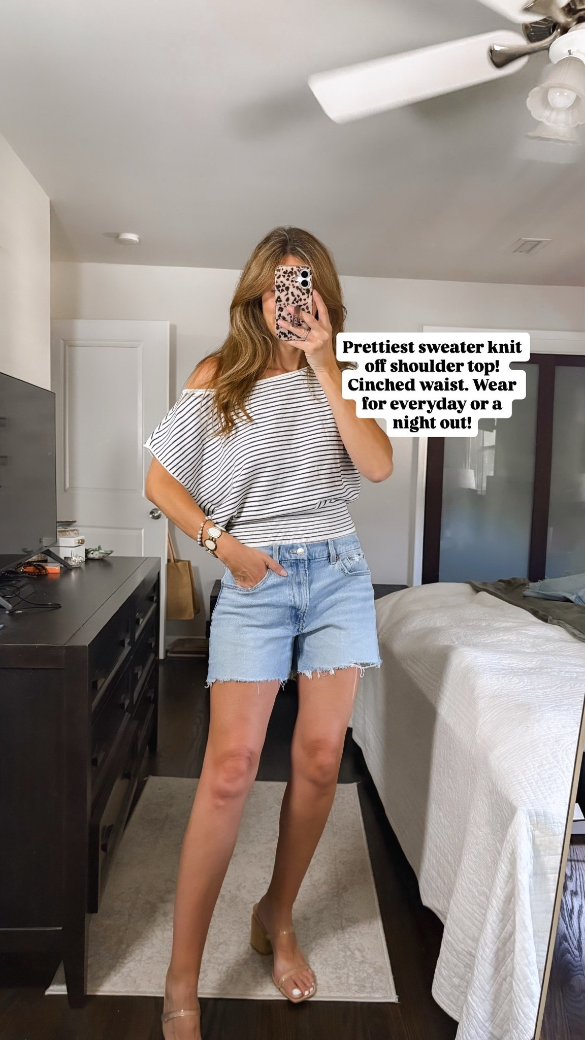 Striped off shoulder knit top from American eagle

High waist denim shorts

#LTKootd #LTKgrwm #LTKSaleAlert