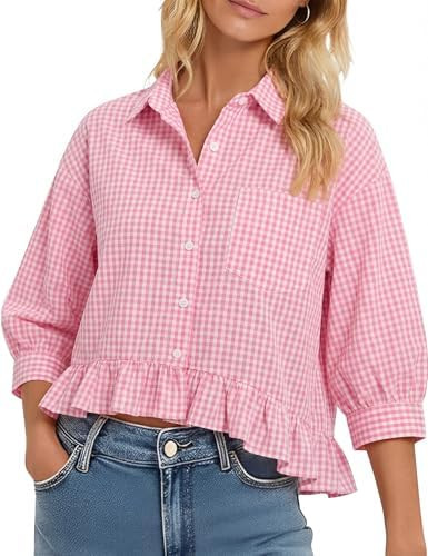 LOMON Womens 3/4 Sleeve Button Down Tops Dressy Casual Collared Shirts Blouses Ruffle Babydoll To... | Amazon (US)