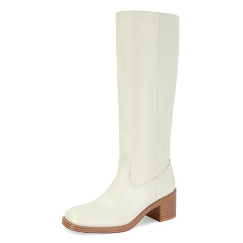 ZJGZF Womens Cream Knee High Boots Square Toe Chunky Block Heel Riding Motorcycle Biker Boots Wide Calf Long Tall Campus Boot Beige White | Amazon (US)