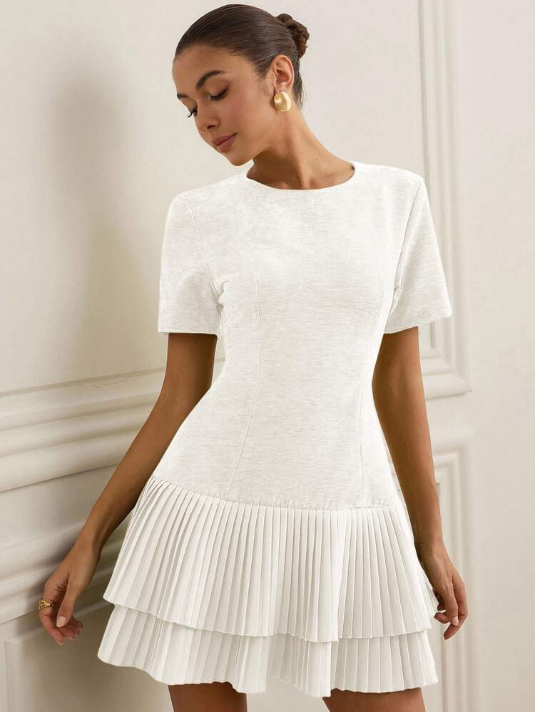 Aveloria Rosie French Elegant Patchwork Hem Pleated Design Waist-Cinching Slim Fit Round Neck Short Casual Dress | SHEIN