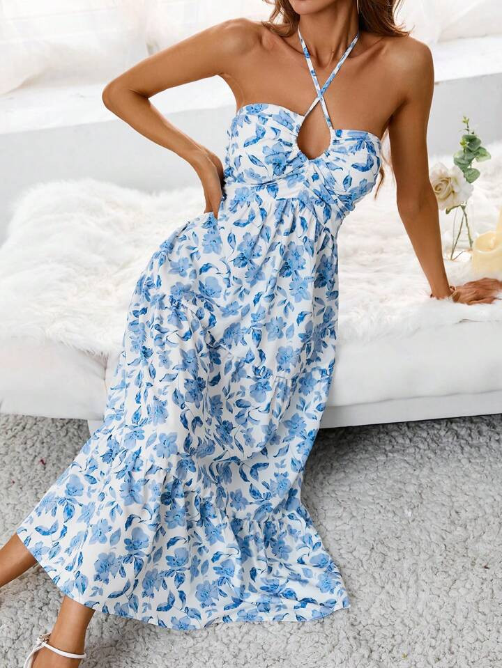 SHEIN Frenchy Floral Print Tie Backless Layered Hem Halter Dress | SHEIN