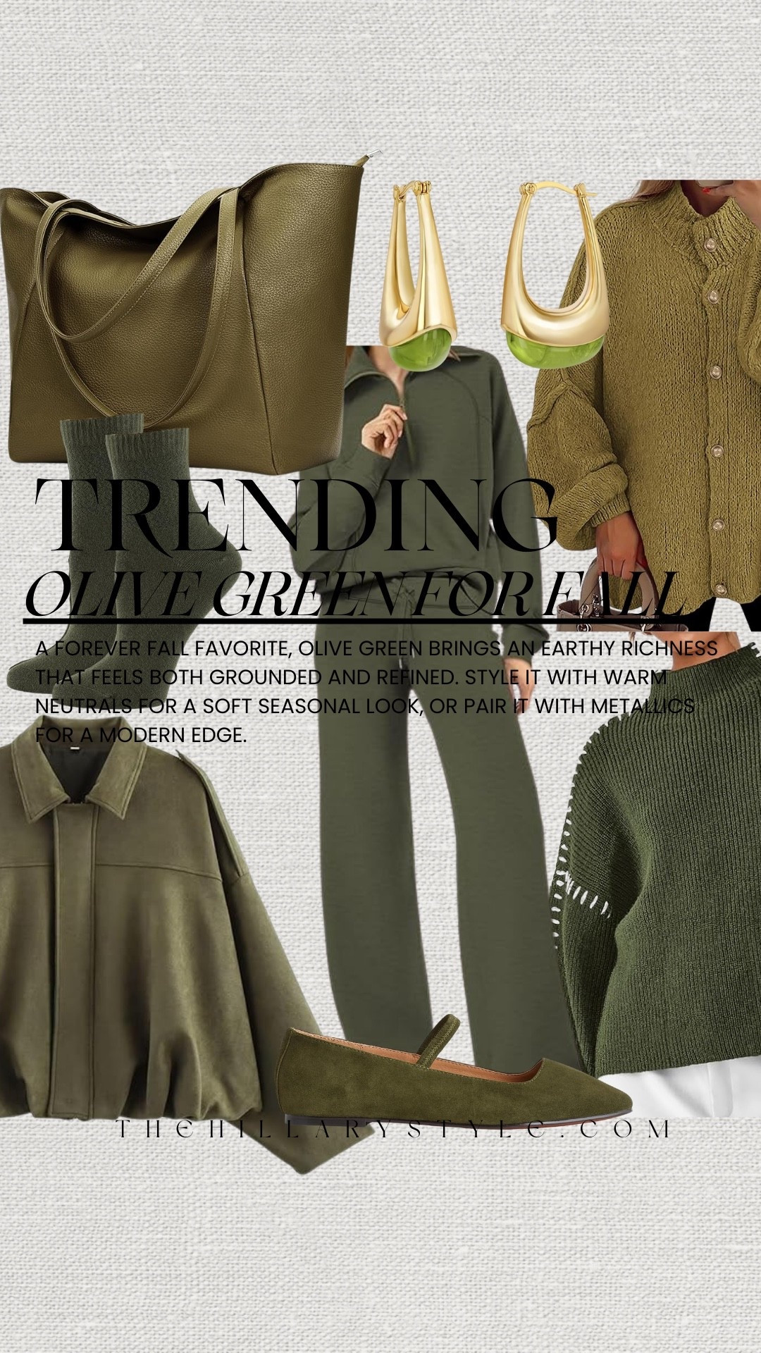 Olive green is the ultimate fall shade — chic, earthy, and endlessly versatile. From elevated lounge sets and on-trend ballet slippers to gold hoop earrings with an olive touch, suede bomber jackets, olive totes, cozy cardigans, sweaters, and even ankle socks — this timeless tone adds a refined edge to every look this season.

#LTKStyleTip #LTKSeasonal #LTKOver40