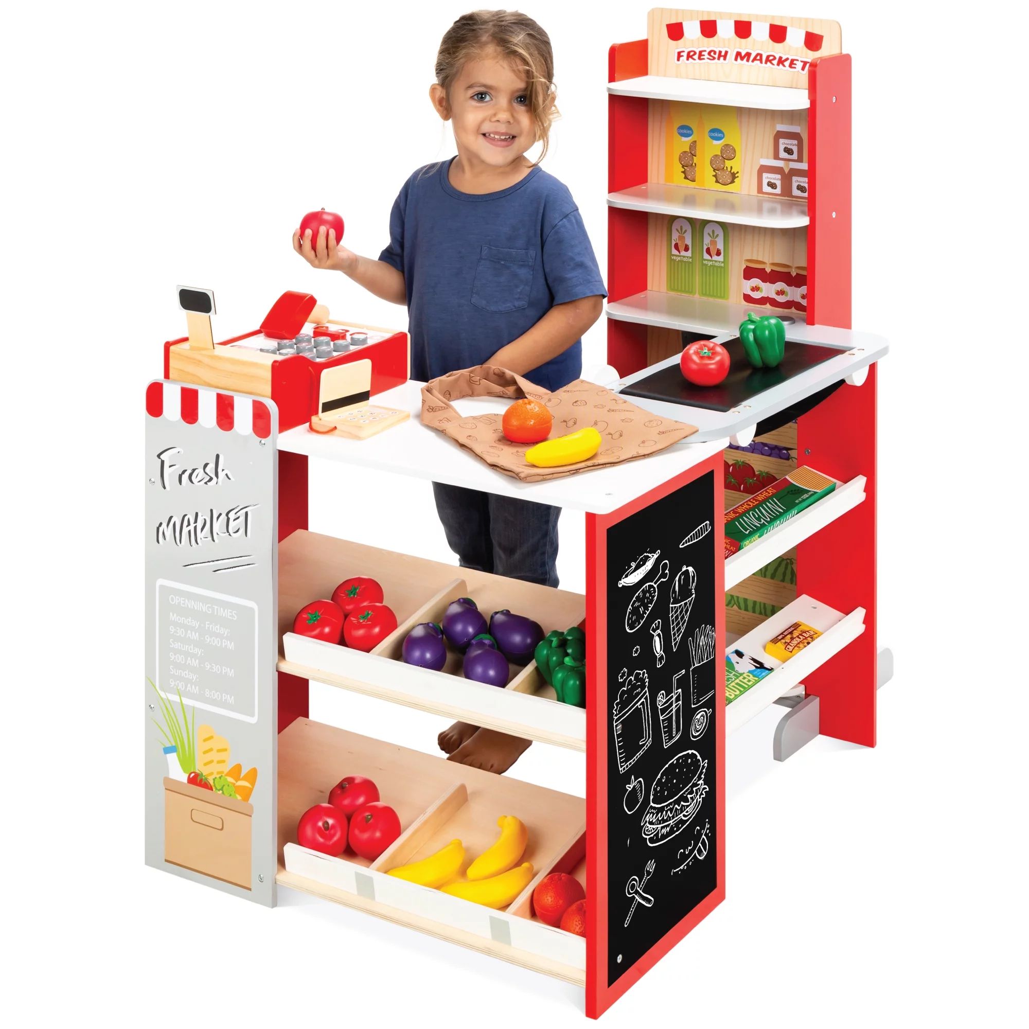 Best Choice Products Kids Pretend Play Grocery Store Wooden Supermarket Toy Set w/ Play Food, Cha... | Walmart (US)