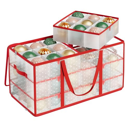 SONGMICS Large Christmas Decoration Storage Box, 4-Inch 54 Slots, Plastic Christmas Bauble Storage Box with Lid, Dual Zippers, 6 Trays, Side Handles, Cherry Red URFB030T01 | Amazon (US)