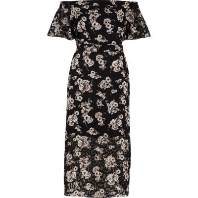Black floral print bardot layer midi dress | River Island (UK & IE)