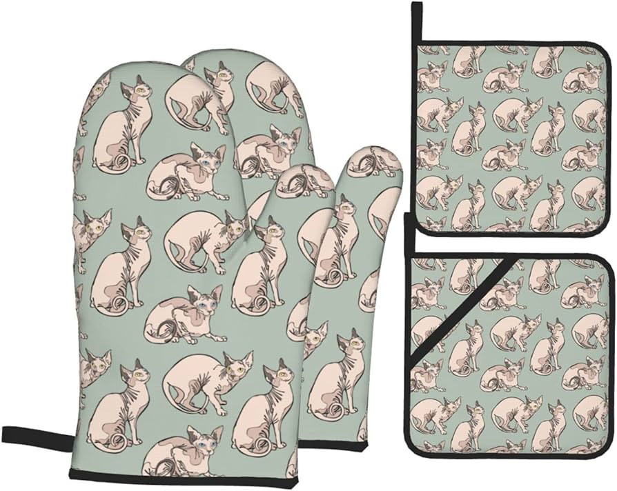 Hairless Cat Oven Mitts and Pot Holders Sets Set of 4，Resistant Hot Pads Non-Slip Cotton Lining... | Amazon (US)