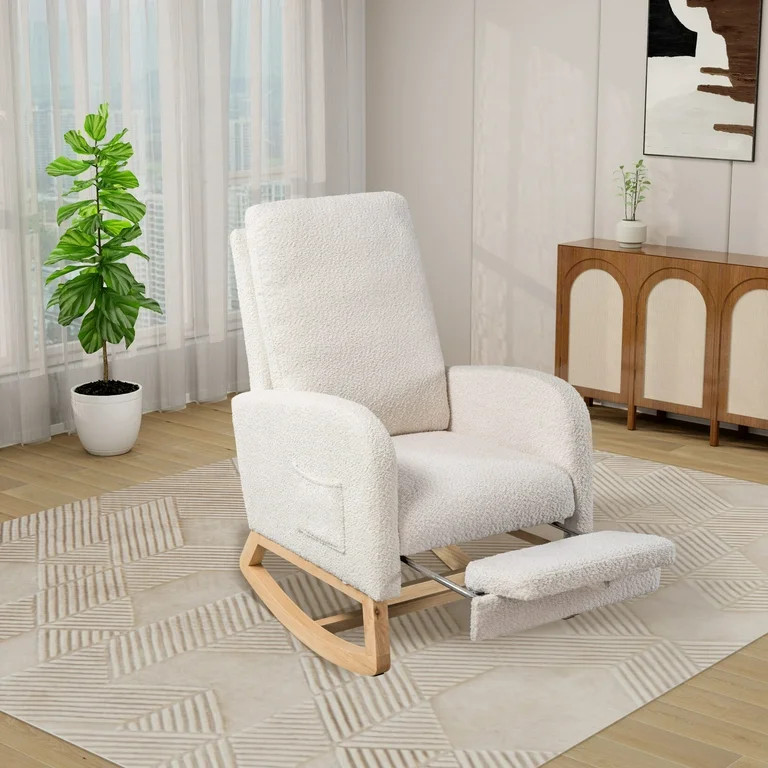 Boucle Nursery Upholstered Rocking Chair with Retractable Footrest and Side Storage Pocket for Li... | Walmart (US)