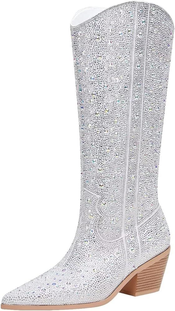 vimitty Women's Rhinestones Cowboy Boots Western Knee High Boots,Sparkly Pointed Toe Mid Calf Boo... | Amazon (US)