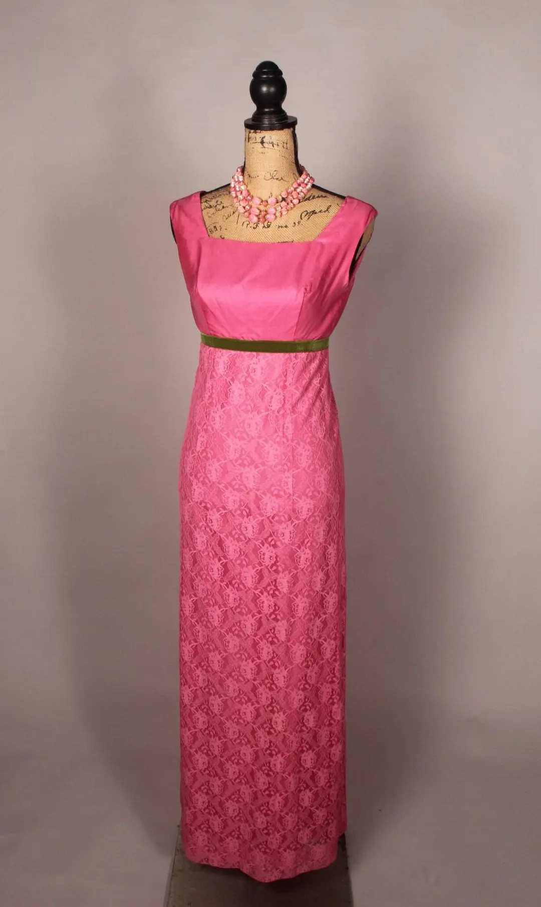 Vintage 60s Pink Lace Maxi Dress With Green Velvet Tie Size S 26" Waist - Etsy | Etsy (US)