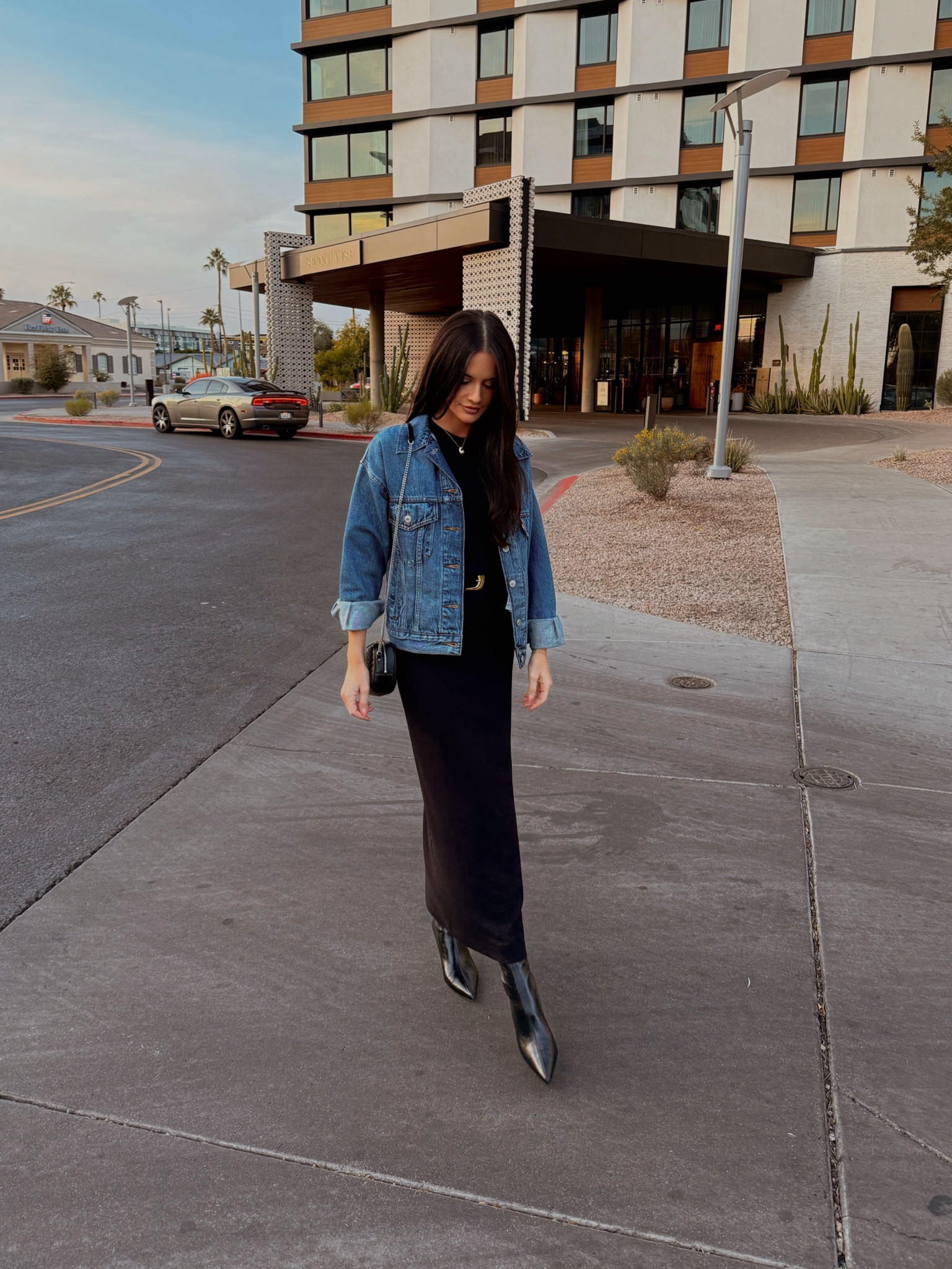 Friday night dinner look 🖤 black maxi | denim jacket | kitten heel | black booties | western belt | casual outfit | winter outfit | fall outfit | spring outfit | date night | capsule wardrobe | dress | oversized | layers | transitional outfit | office outfit | workwear | business casual | weekend outfit | crossbody | ysl | skims | mango | revolve | Levi’s | free people | pointed toe boots | sweater | neutral 

#LTKMostLoved #LTKSeasonal #LTKWorkwear
