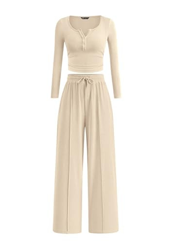 PRETTYGARDEN Women's 2025 Fall Trendy 2 Piece Outfits Lounge Sets Long Sleeve Top Henley Shirts Wide Leg Pants Travel Clothes (Beige,XX-Large) | Amazon (US)