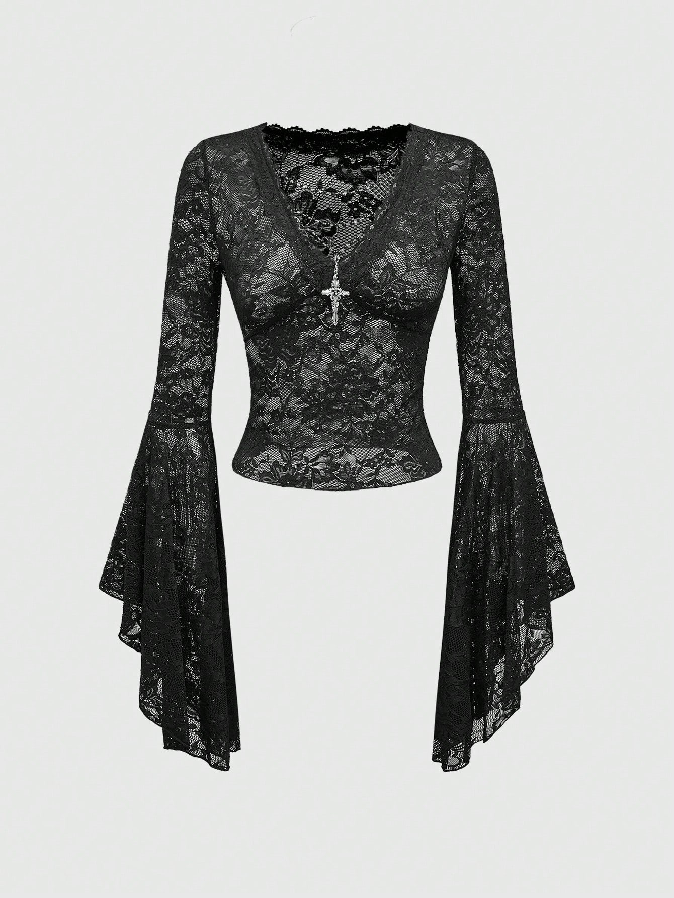 ROMWE Goth Cross Bead Decorated V-Neck Flare Sleeve Lace Bodysuit | SHEIN