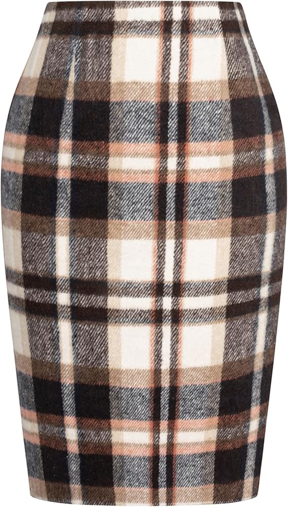 Kate Kasin Womens Wool Plaid Pencil Skirt High Waist Slit Stretchy Bodycon Fall Winter Knee Lengt... | Amazon (US)