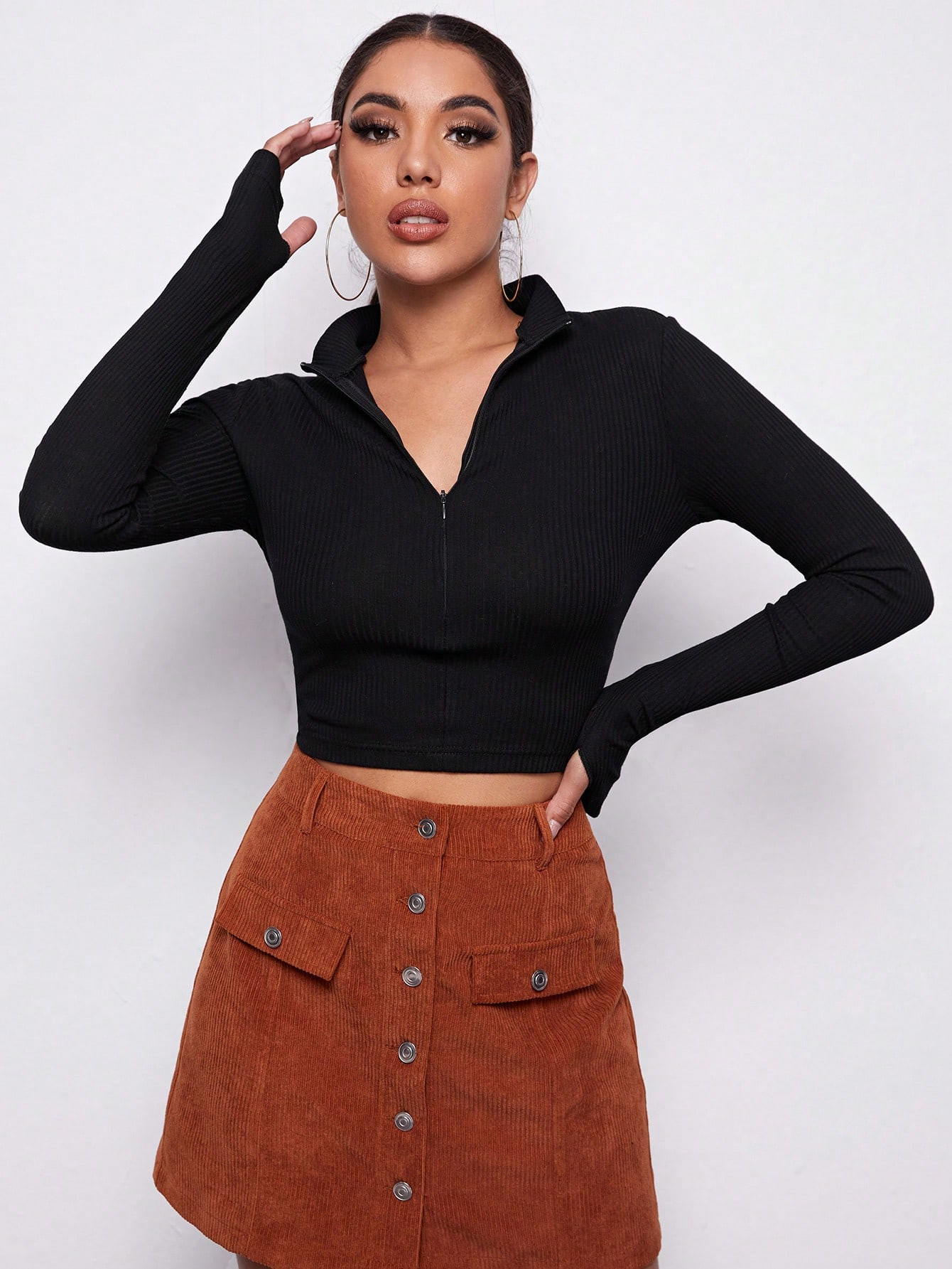 SHEIN EZwear Zip Front Thumb Hole Crop Tee | SHEIN