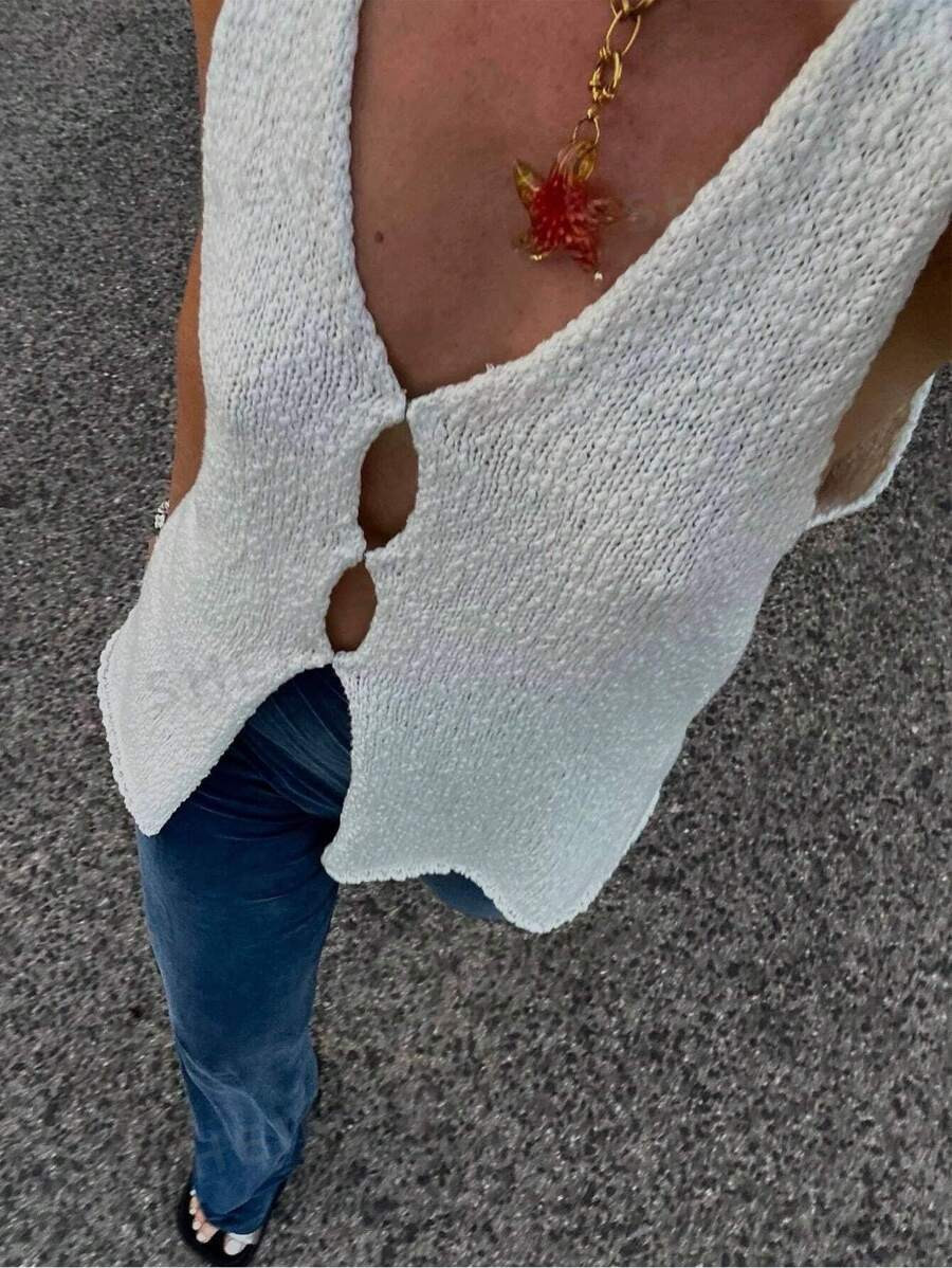 SHEIN Essnce Solid Color Slim-Fit Sleeveless Knit Top For Women | SHEIN