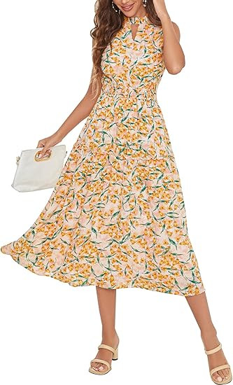 JASAMBAC Women's 2024 Summer Floral Dress Sleeveless Flowy Ruffle Trim Tie Back Elastic Waist Mid... | Amazon (US)