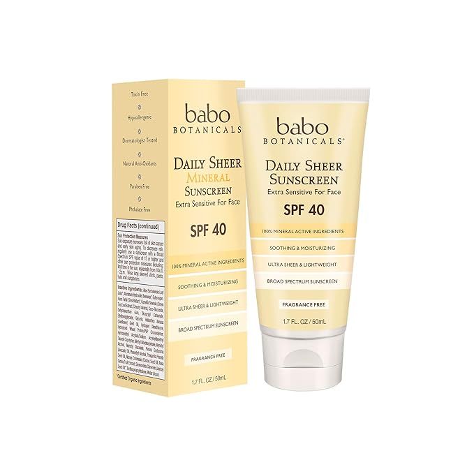 Babo Botanicals Daily Sheer Mineral Face Sunscreen Lotion SPF 40, Non-Greasy, Fragrance-Free, Veg... | Amazon (US)