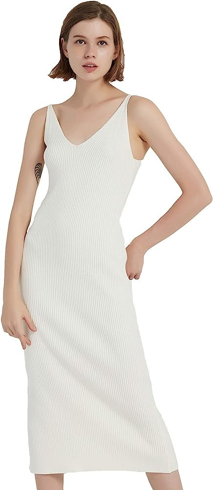 RZIV Women's Sleeveless Sweater Dress Knit Slim V Neck Bodycon Midi Stretchable Elasticity Slim F... | Amazon (US)